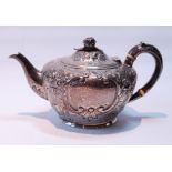 Silver individual teapot, embossed with scrolls, by Charles and George Fox, 1852, 217g.