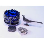 Silver embossed box of heart shape, 1900, another, niello, a small figure of a pheasant, 1973, and