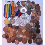 Silver crown and various other coins and WWI campaign medals.