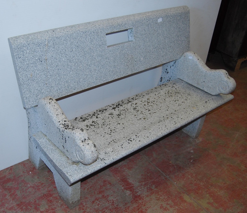 Granite bench with detachable back rest, seat and scroll ends, approximately 86cm high, 131cm wide - Image 3 of 5