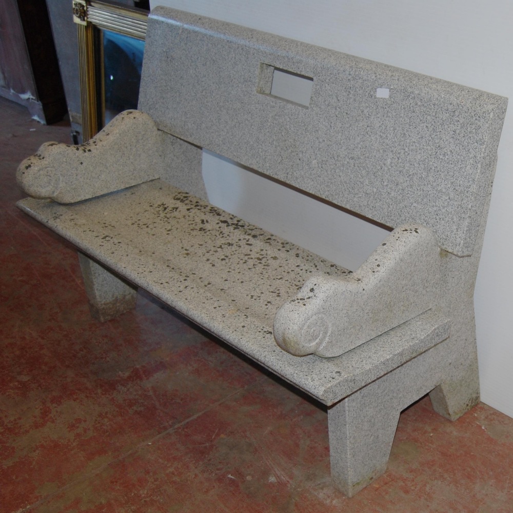 Granite bench with detachable back rest, seat and scroll ends, approximately 86cm high, 131cm wide - Image 4 of 5