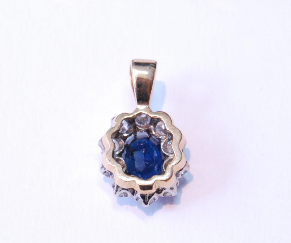Pair of sapphire and diamond cluster earrings, unmarked, probably white gold, with central oval- - Image 3 of 5