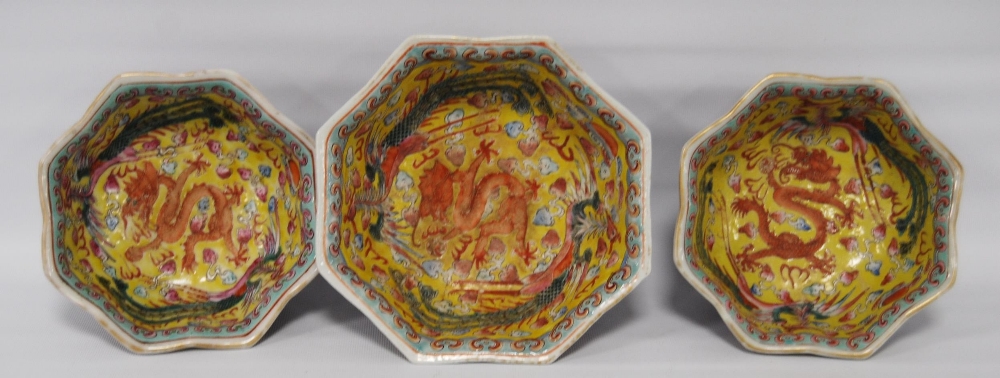 Three Chinese porcelain Qianlong (1711 - 1799) famille rose octagonal bowls, red seal mark to the - Image 2 of 12