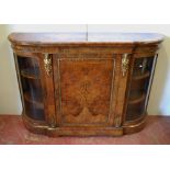 Late Victorian inlaid walnut credenza with a central inlaid door flanked bowfront glazed doors