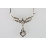 Vintage-style silver 'winged' necklace set with rose-cut diamonds, 20cm, 8.5g gross.