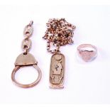 Gold necklet, '9c', a similar ring, an Egyptian pendant and a piece of a key chain, all 9ct,