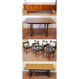 Mid-20th century teak dining room suite comprising a sideboard, extending dining table, 76cm high,