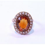 Pearl and citrine oval ring in gold, '9c', size K.