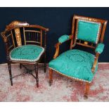 Mahogany inlaid bowfront corner chair, c. early 20th century, with balustrade and spindle columns to
