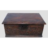 Antique oak bible box, c. late 17th/early 18th century, the hinged top above a carved foliate frieze