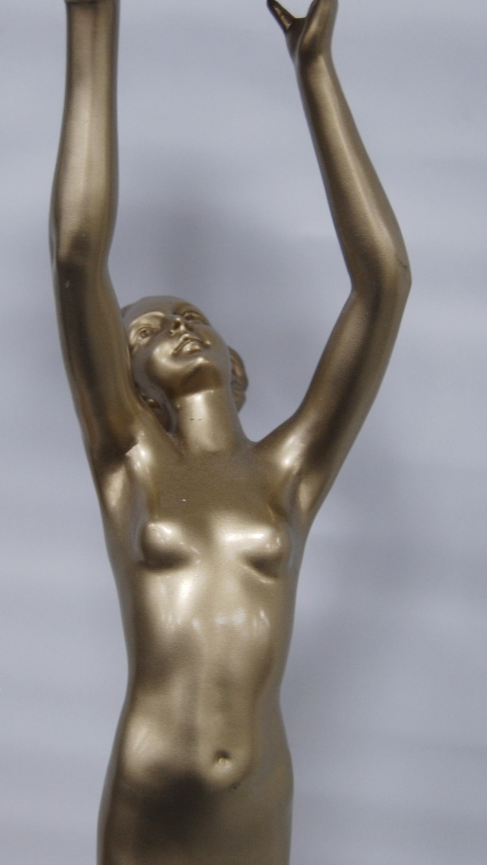 Art Deco painted table lamp, c. 1930s, modelled as a nude female holding aloft a later mottled - Image 3 of 12