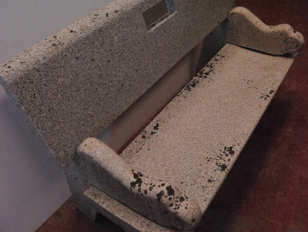 Granite bench with detachable back rest, seat and scroll ends, approximately 86cm high, 131cm wide - Image 3 of 5