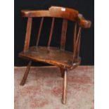 18th century primitive ash and elm Windsor armchair with low back rest, scroll frame, stick and rail