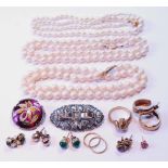 Three pearl necklets, a marcasite brooch, various earrings and other items, some gold.