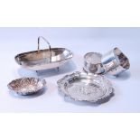 Silver embossed pin tray, a similar silver dish, a silver sweetmeat dish and two napkin rings, 140g.