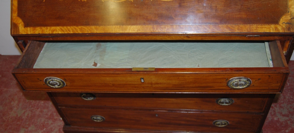George III style antique inlaid mahogany writing bureau, the fall front with satinwood inlaid floral - Image 5 of 5