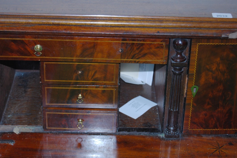 George III style antique inlaid mahogany writing bureau, the fall front with satinwood inlaid floral - Image 4 of 5