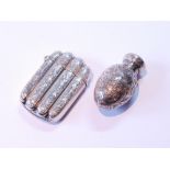 Silver engraved perfume bottle of drop shape, 1893, 40mm, and a silver vesta case of ribbed section,