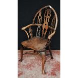 Gothic Revival oak and ash Windsor chair, with lancet and hoop frame, shaped seat, on cabriole