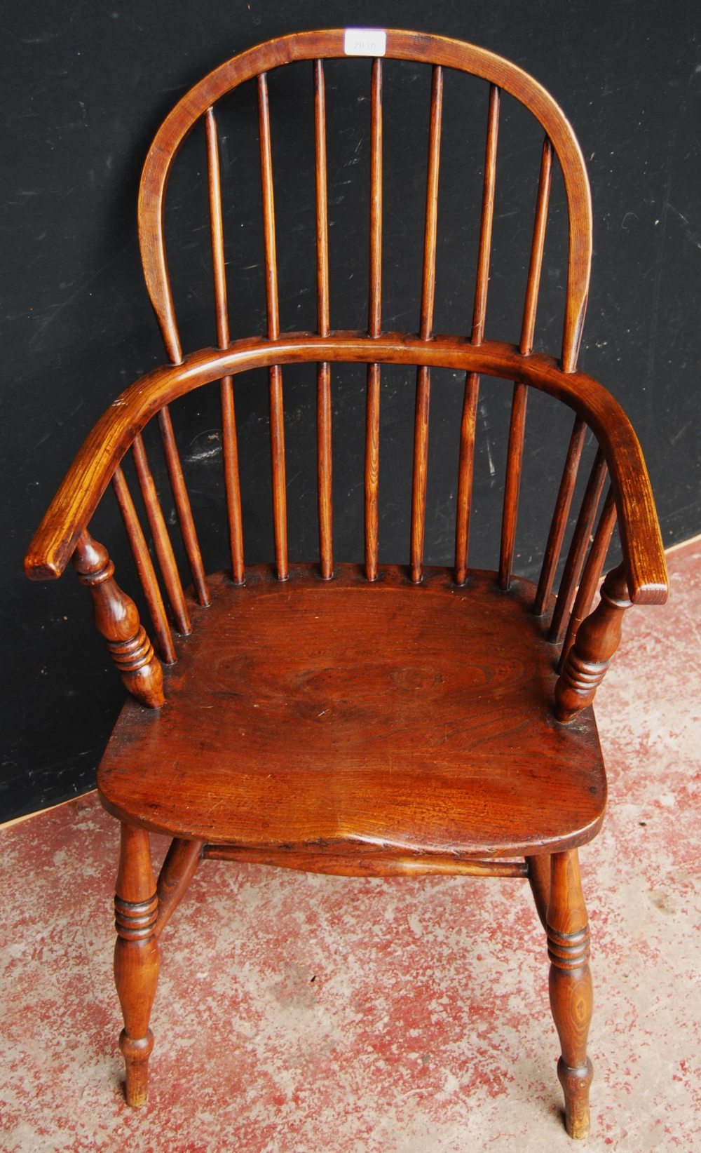 Antique ash and elm Windsor armchair with hoop frame, stick back and solid seat, on turned - Image 2 of 6