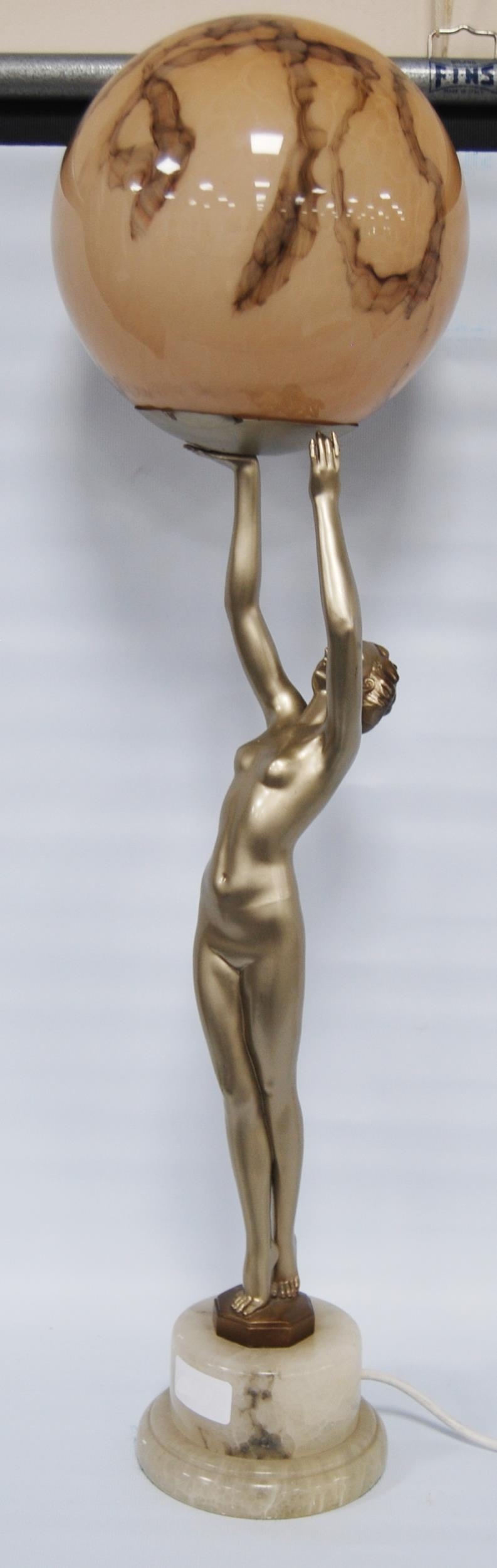 Art Deco painted table lamp, c. 1930s, modelled as a nude female holding aloft a later mottled - Image 5 of 12