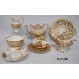 Mid Victorian porcelain part lustre tea service in the manner of Rockingham comprising a teapot,