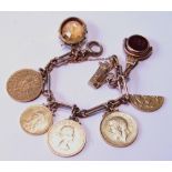 9ct gold bracelet of fetter and ring pattern with two sovereigns, 1911 and 1958, 20 marks, 1887, a