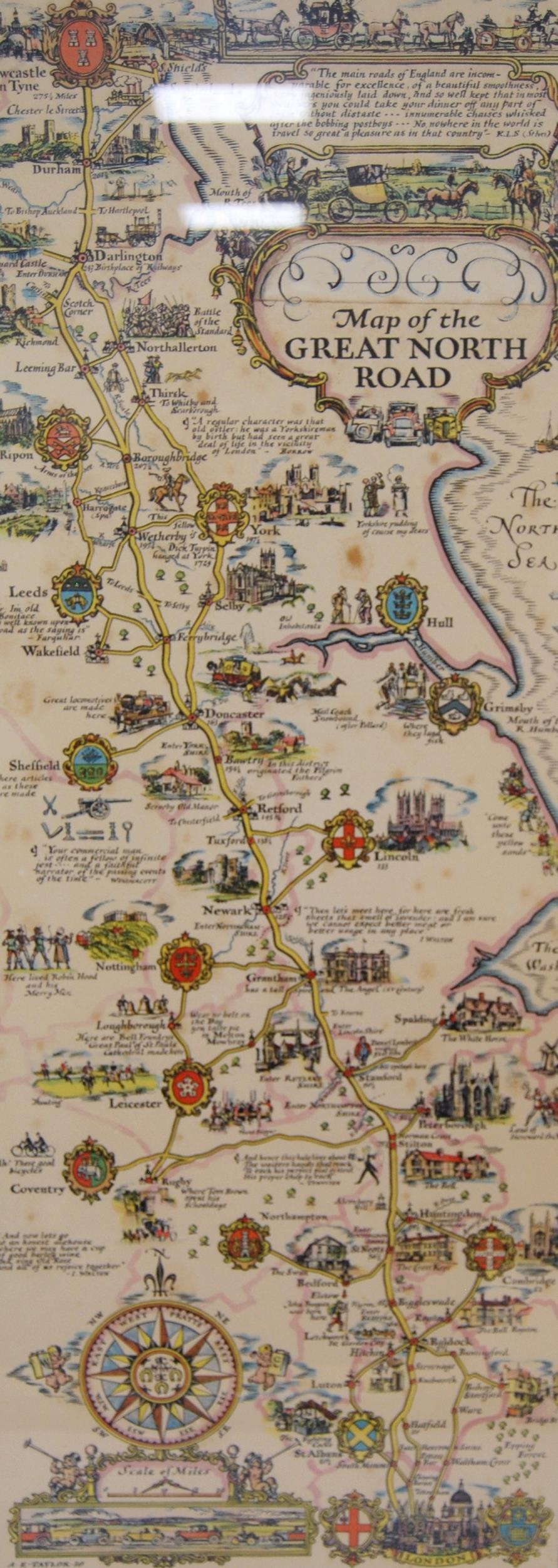 Pratt's High Test Map of the Great North Road, AE Taylor, 1930, approximately 81.5cm x 30cm,