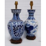 Oriental blue and white porcelain vase/lamp in the Kangxi period style with all over floral