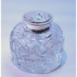 Cut glass inkwell with unusual detachable cover embossed in the manner of Kate Harris, by Huttons,