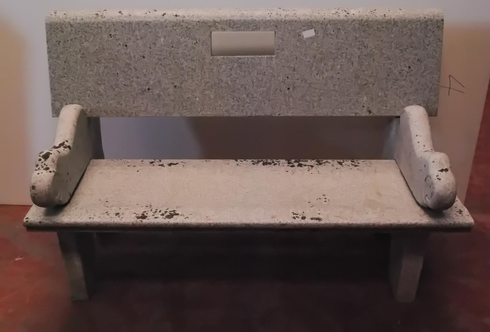 Granite bench with detachable back rest, seat and scroll ends, approximately 86cm high, 131cm wide