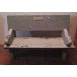 Granite bench with detachable back rest, seat and scroll ends, approximately 86cm high, 131cm wide