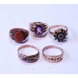 Five 9ct gold gem rings, various, 14.7g gross.