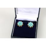 Pair of turquoise and diamond flower-shaped studs, turquoise weight approximately 3.6ct, rose-cut