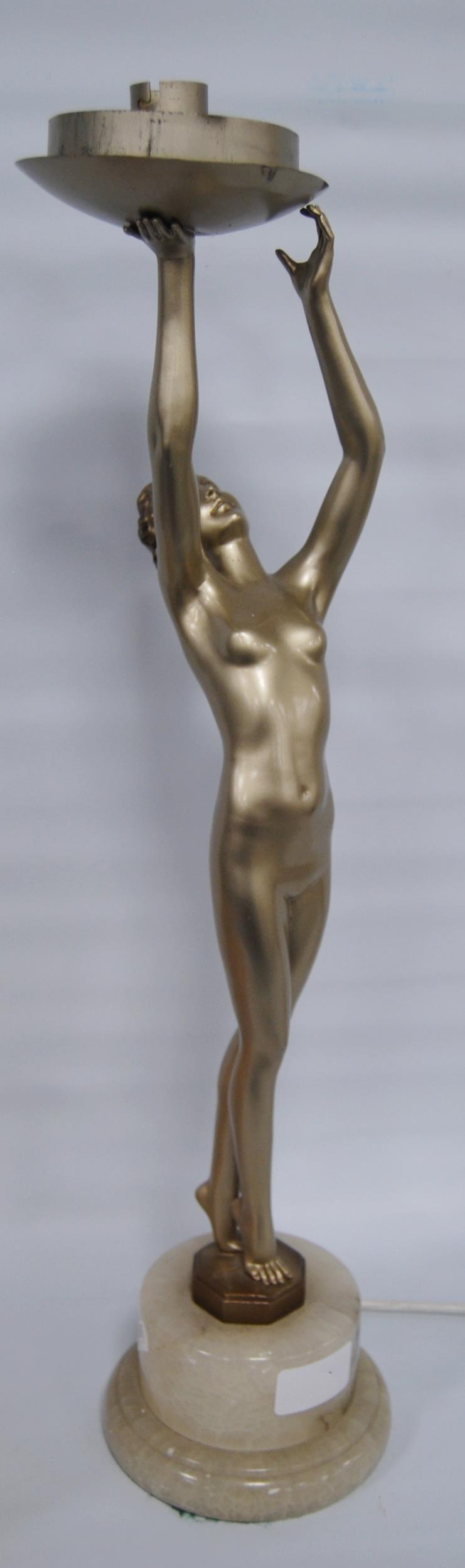Art Deco painted table lamp, c. 1930s, modelled as a nude female holding aloft a later mottled - Image 2 of 12
