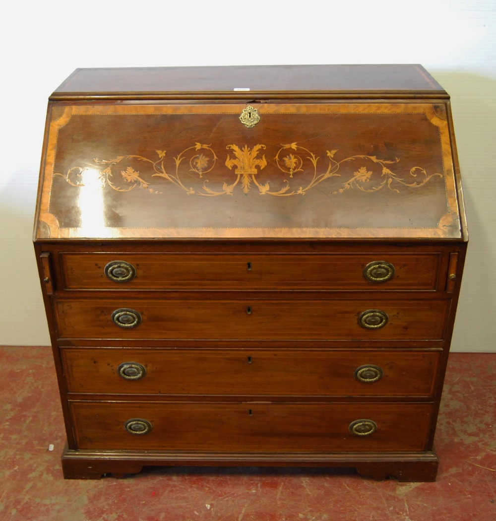 George III style antique inlaid mahogany writing bureau, the fall front with satinwood inlaid floral