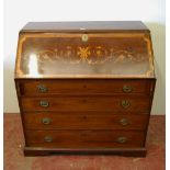 George III style antique inlaid mahogany writing bureau, the fall front with satinwood inlaid floral