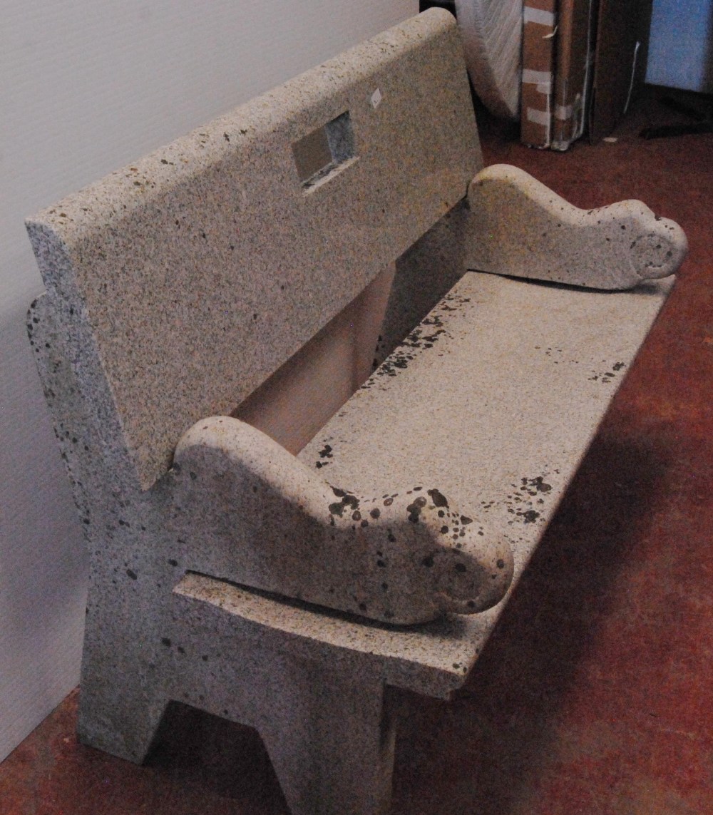 Granite bench with detachable back rest, seat and scroll ends, approximately 86cm high, 131cm wide - Image 4 of 5