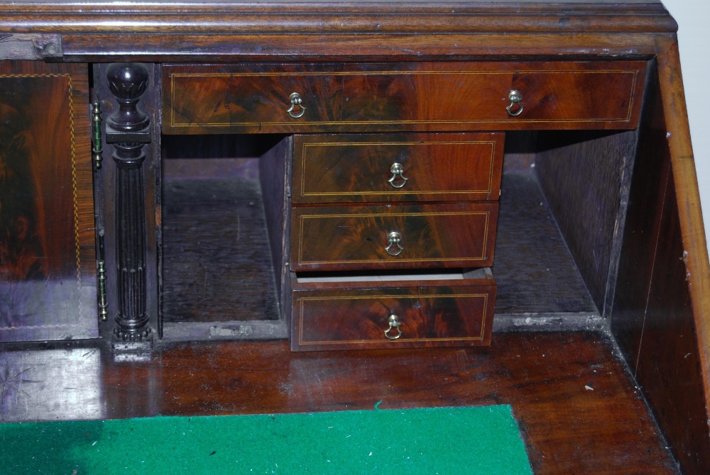 George III style antique inlaid mahogany writing bureau, the fall front with satinwood inlaid floral - Image 3 of 5