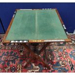 Edwardian campaign-style mahogany folding card table with baize playing surface and inset ivory