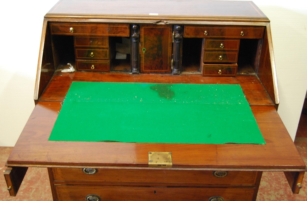 George III style antique inlaid mahogany writing bureau, the fall front with satinwood inlaid floral - Image 2 of 5