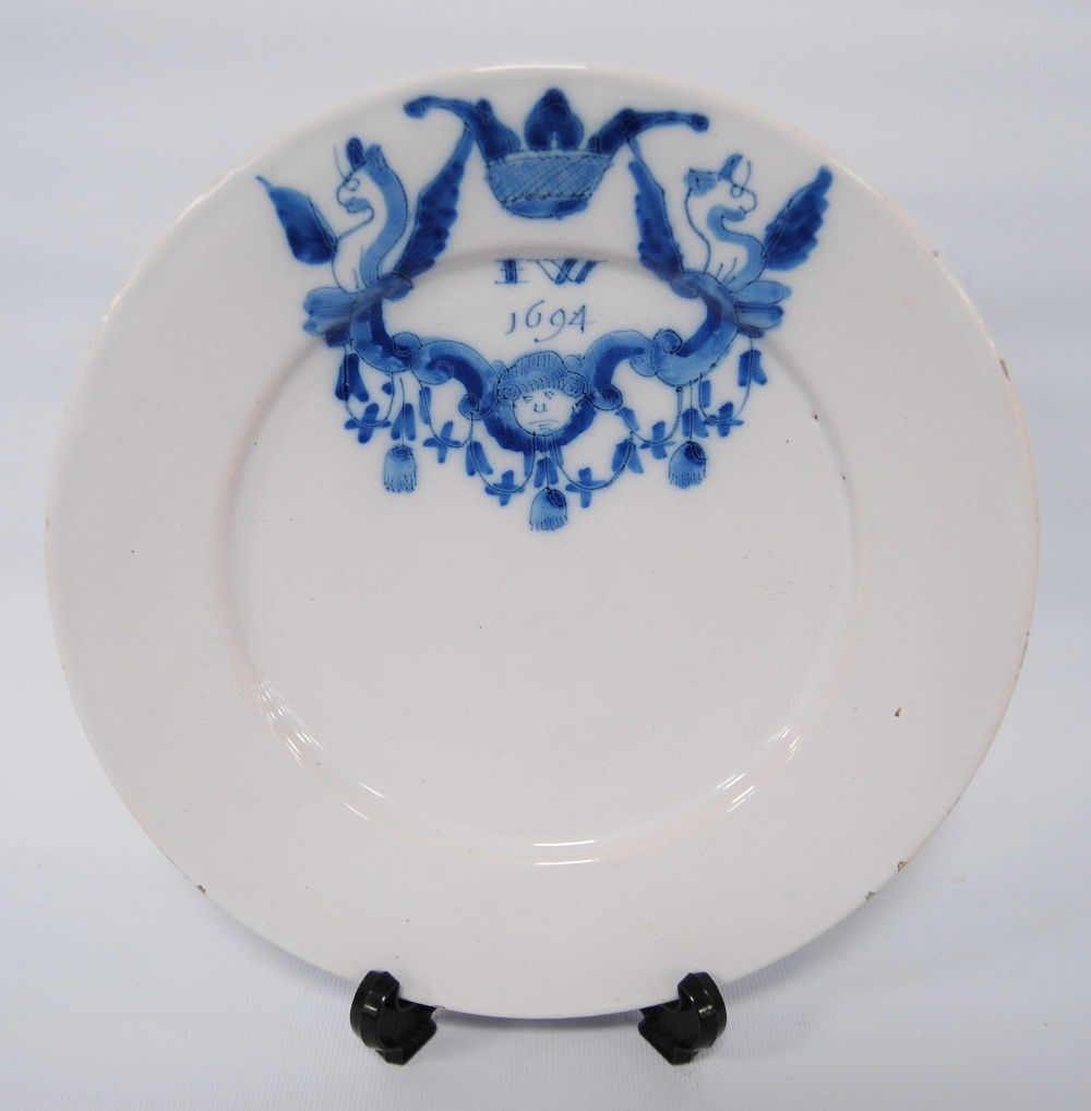 17th century William & Mary period English blue and white Delft plate with blue underglazed crown