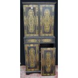 19th century ebonised Boulle-work cabinet on base, the top section with two doors enclosing a
