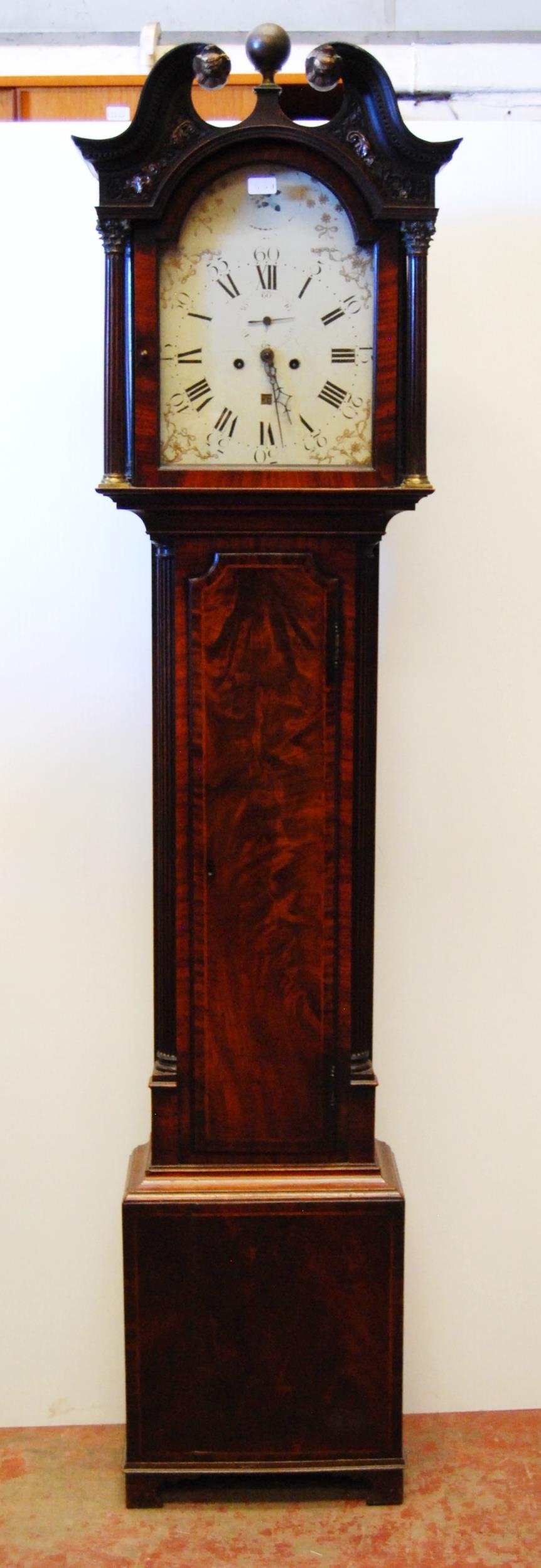 Georgian eight day mahogany inlaid longcase clock, c. early 19th century, the 12in painted dial with