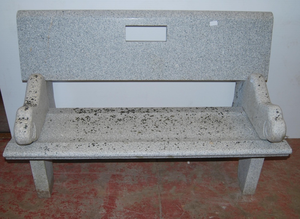 Granite bench with detachable back rest, seat and scroll ends, approximately 86cm high, 131cm wide