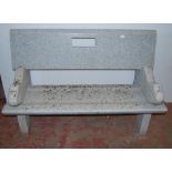 Granite bench with detachable back rest, seat and scroll ends, approximately 86cm high, 131cm wide