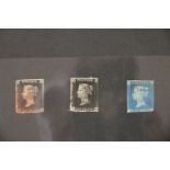 Great Britain Vic 1d penny black postage stamp AB red Maltese cross cancel and another BD with black