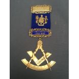 Masonic jewel in the form of a compass and square with two marks 'G.P. and 9c', 16g on a blue ribbon