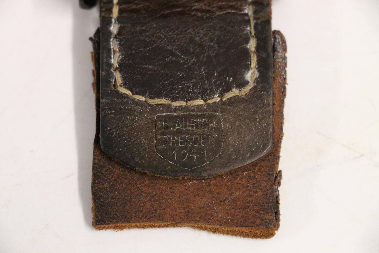 WWII Nazi German Luftwaffe steel buckle, the leather belt tab attached stamped 'H Aurich Dresden - Image 3 of 3