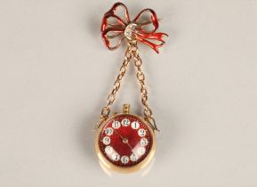 Ladies 18ct rose gold fob watch, red enamel dial with numbered hour markers with red enamel back